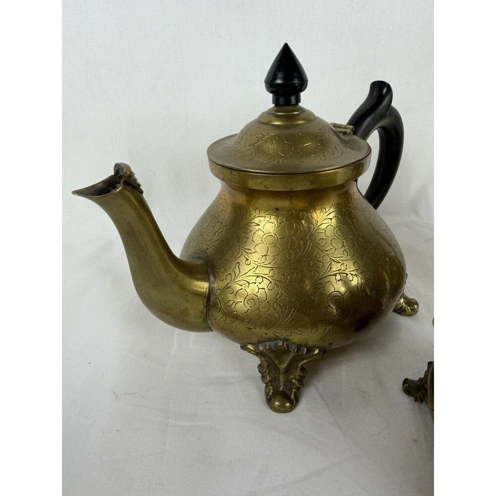 Vintage Brass Tea Set Teapot Creamer Sugar Bowl Detailed Floral Etching